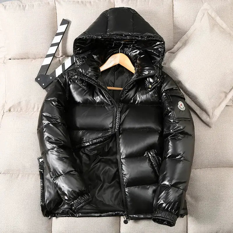 Men's black hooded down jacket by Simples Market, shiny quilted puffer with logo patch on sleeve
