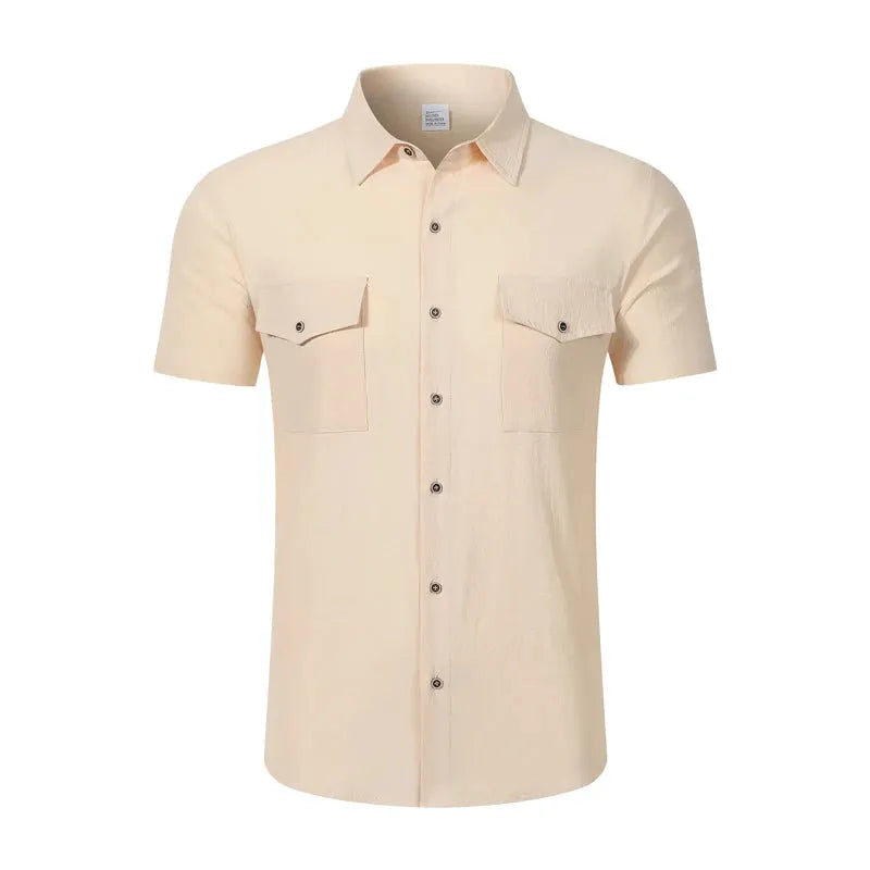 Men's linen button-up short-sleeve shirt, beige with double chest pockets, Simples Market