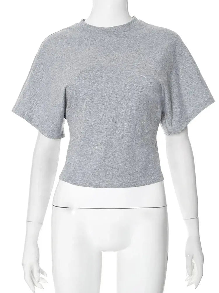 Womens Pure Cotton Crew Neck Cropped Top Short Sleeve Loose Fit Solid Colour Tee