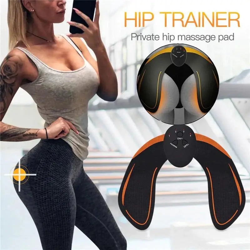 Wireless hip trainer buttock lifting massage device in black and orange by Simples Market with control panel