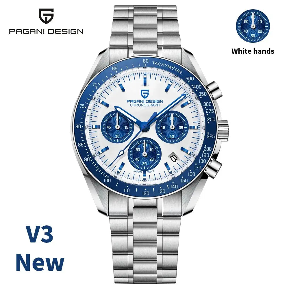 Pagani Design men's chronograph watch with stainless steel bracelet, white dial, blue bezel and three subdials