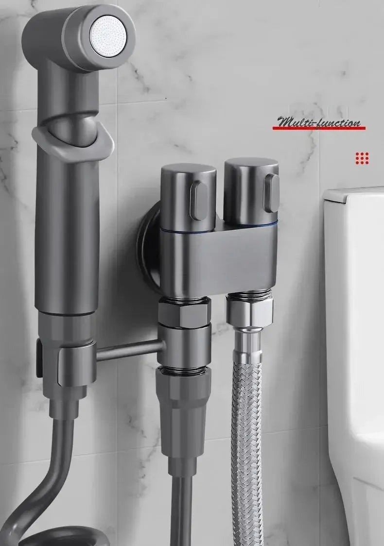 Toilet cleaning bidet sprayer set with chrome handheld sprayer and dual outlet valve