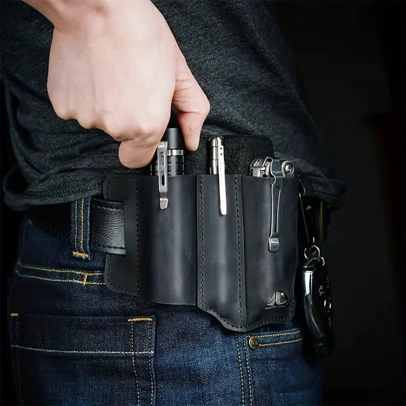 Tactical multi-tool belt holster in black PU leather with tool pockets by Simples Market