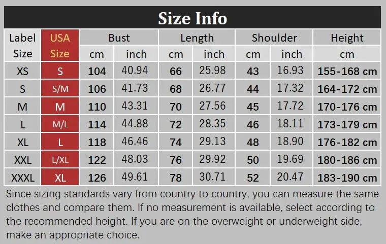 Men's Parker down jacket size chart by Simples Market showing bust, length, shoulder, and height for XS-XXXL.