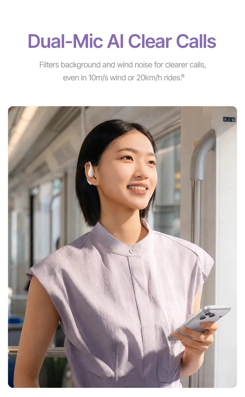 Baseus BF1 Lite open-ear sport wireless earphones, white; Bluetooth 5.4, worn by a woman holding a smartphone