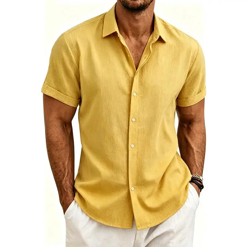 Men's cotton-linen short-sleeve shirt by Simples Market in mustard yellow
