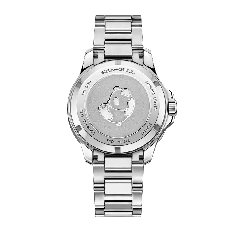 Sea-Gull stainless steel diving watch back case with panda emblem and 200m water resistance