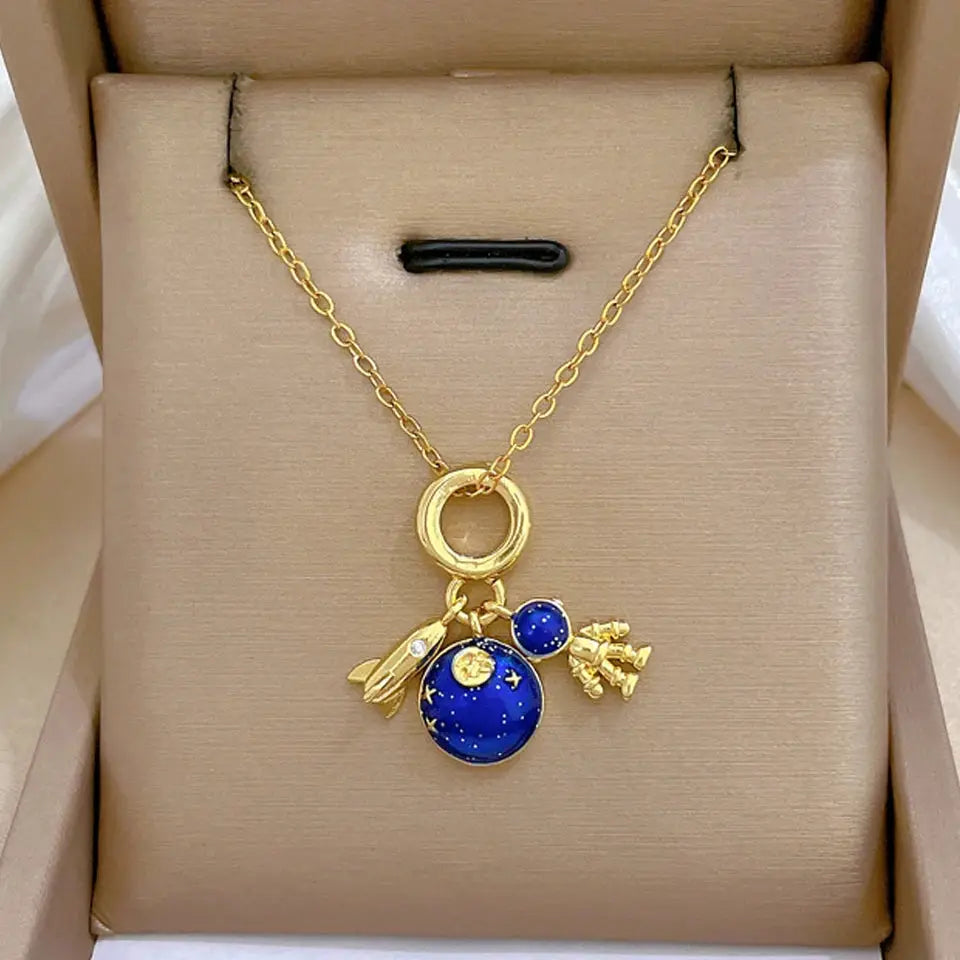 Light Luxury Titanium Steel Star Series Necklace For Women With Gold Planet Moon Astronaut Pendant Jewelry Gift