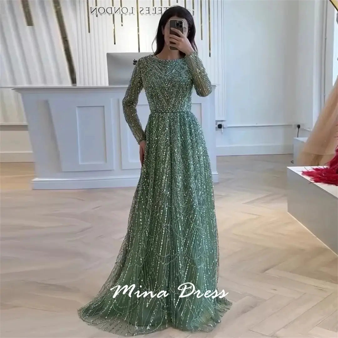 Mina Luxurious Beaded Sequin Dress Long Sleeve Round Neck Formal