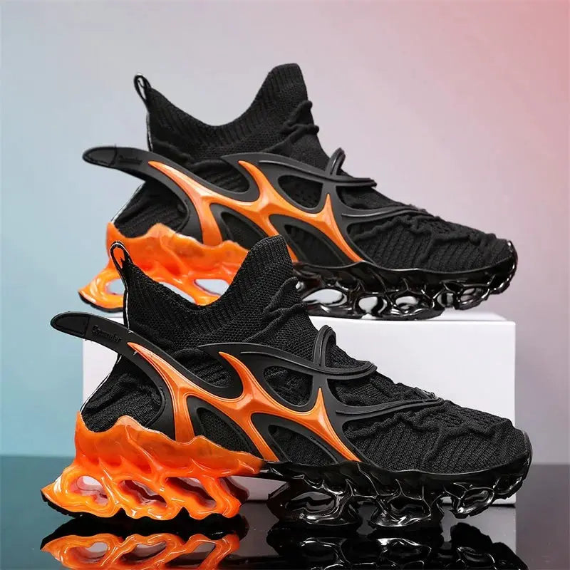 Simples Market men's sneakers pair with black knit upper and orange sculpted sole, breathable running trainer