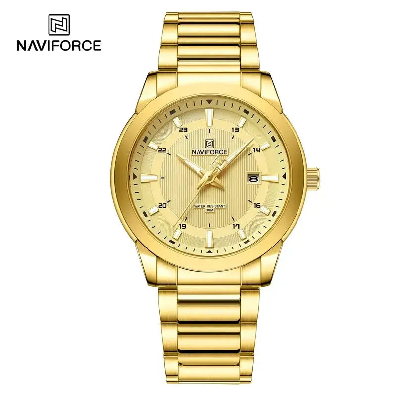 NAVIFORCE men's gold-tone stainless steel wristwatch with date display and 30m water resistance.