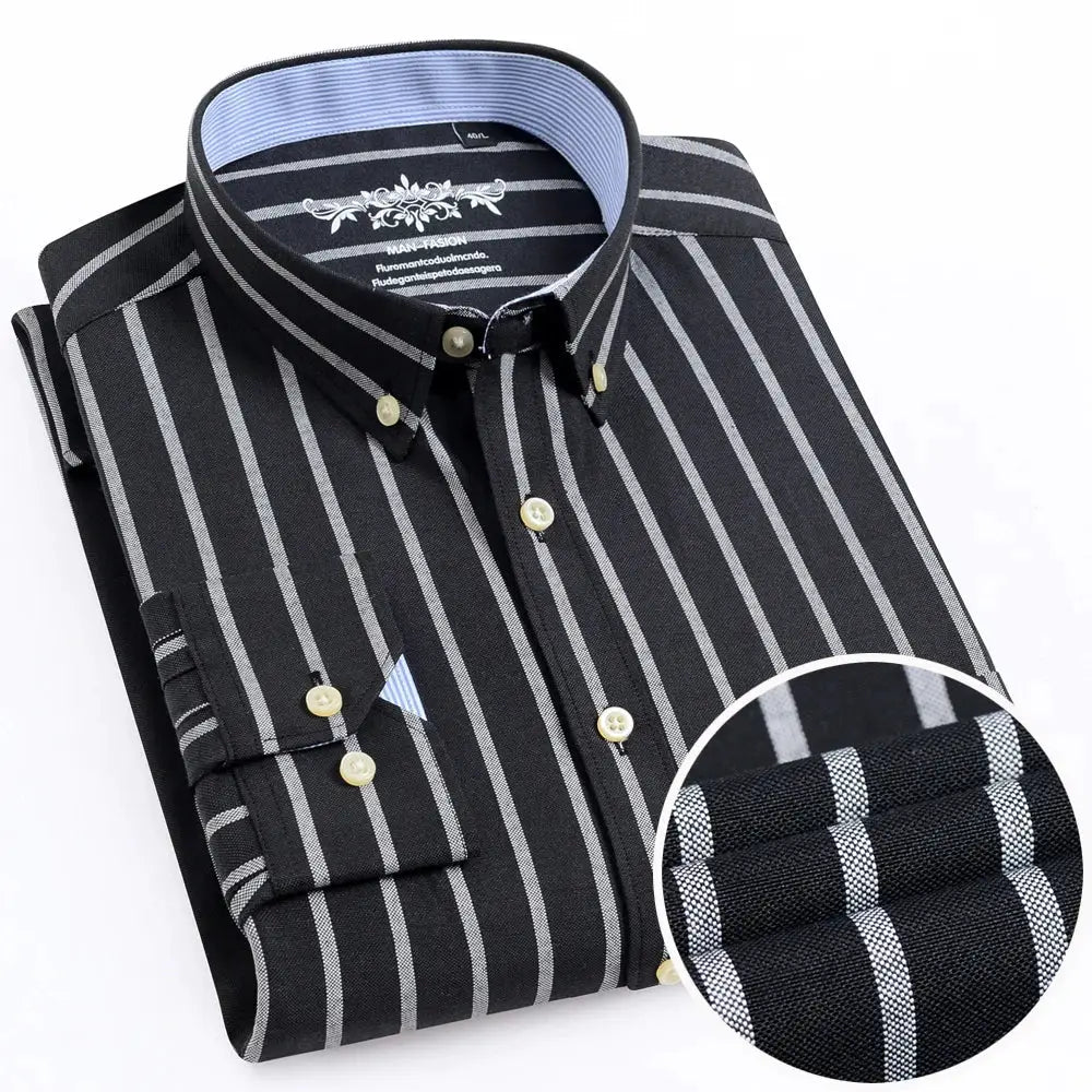 Simples Market men's black striped oxford work shirt with long sleeves, button-down collar and single patch pocket