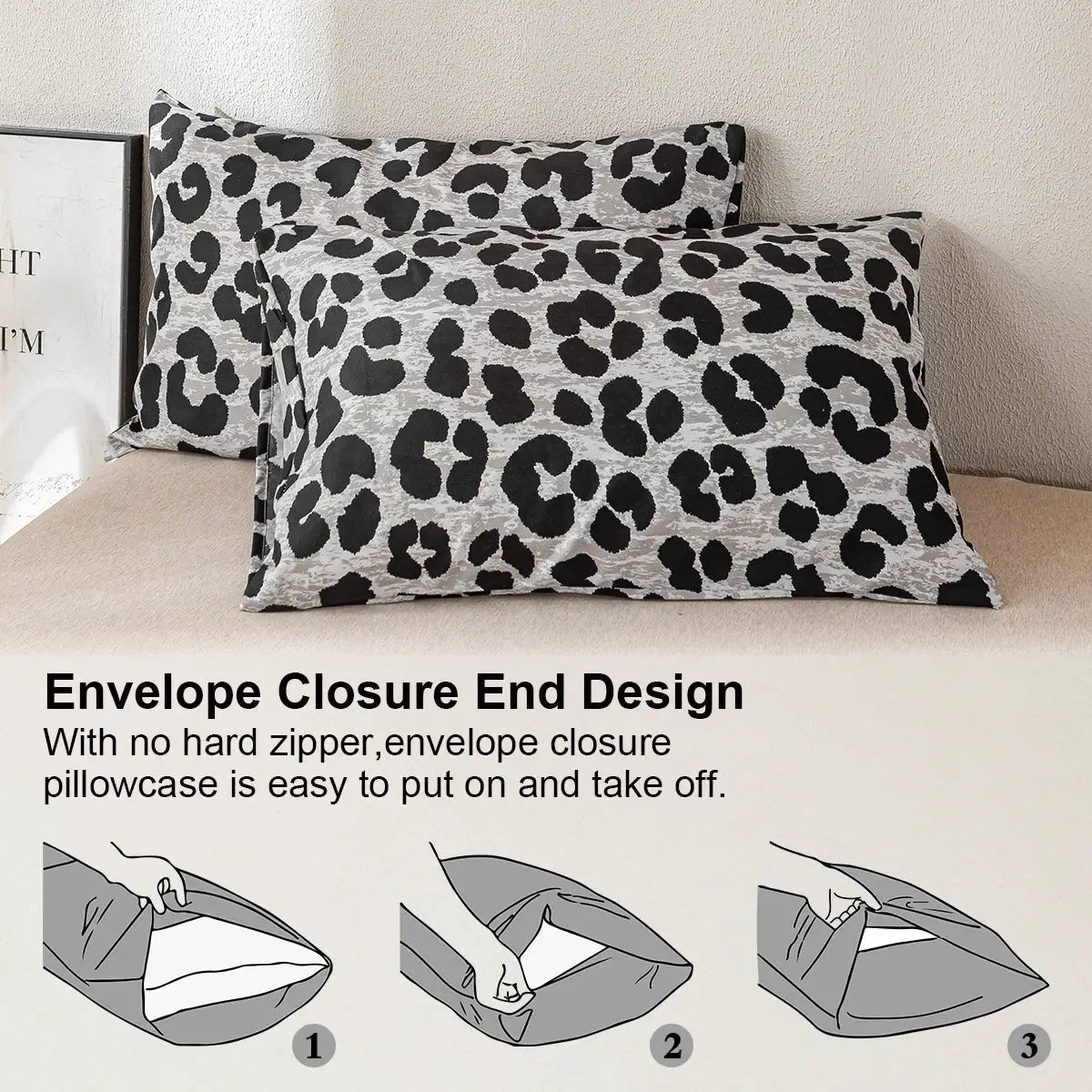Simples Market leopard print duvet cover set, 3pc with gray/black pattern including 1 duvet cover and 2 pillowcases
