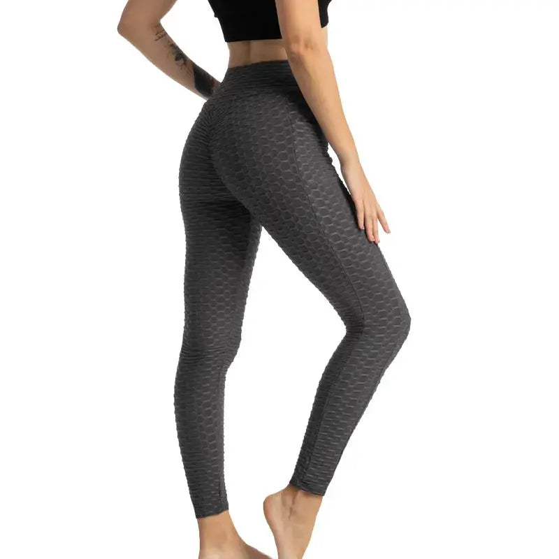 Women's pocket bubble leggings, textured charcoal gray, high-waist, stretchy gym pants