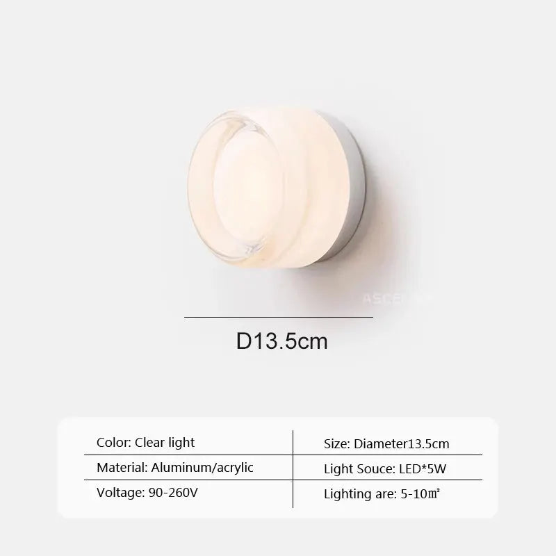 Modern LED wall lamp, circular amber frosted acrylic shade, 13.5 cm diameter.