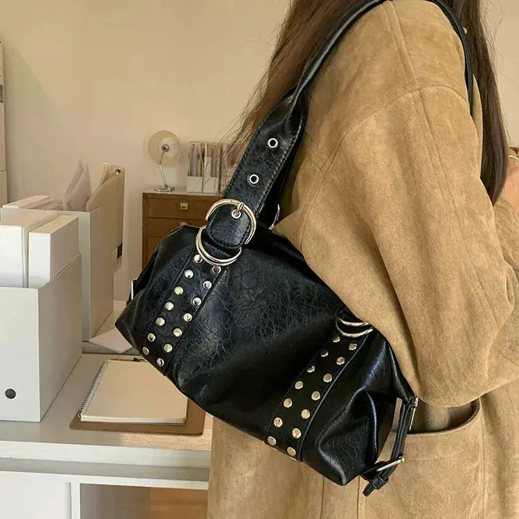 Black PU leather rivet shoulder bag with studded strap and silver hardware