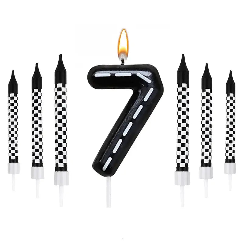 7 Piece Set Racing Car Themed Birthday Number Candles Black White Checkered Cake Topper For Kids Birthday Party