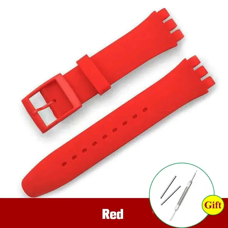 Red silicone Swatch watch band by Simples Market, 16–20mm, two-piece sport replacement strap.