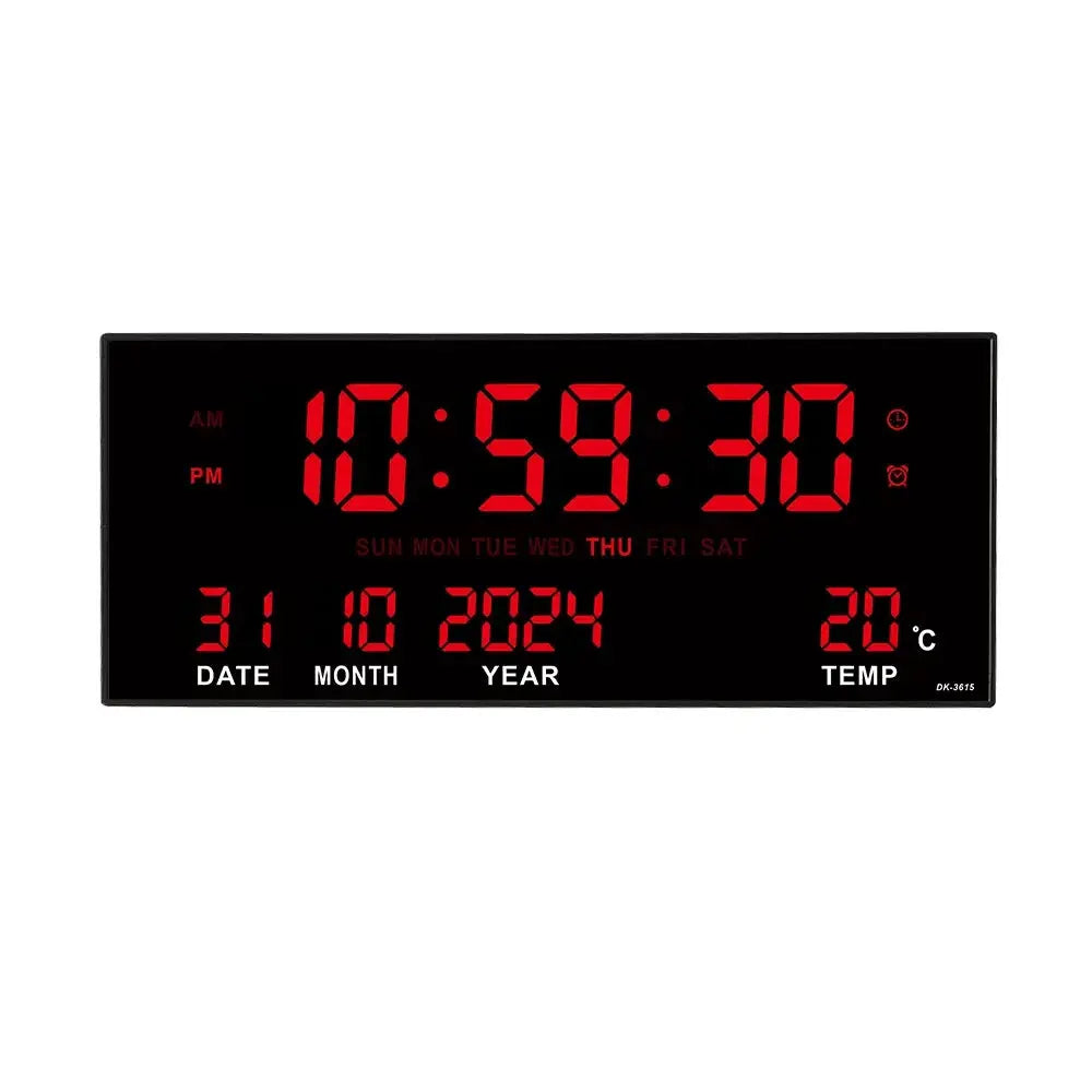 Simples Market 14-inch digital LED wall clock with alarm, date, time and temperature display; plug-in