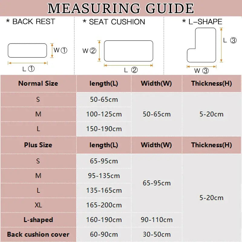Velvet sofa seat cover measuring guide by Simples Market with size chart