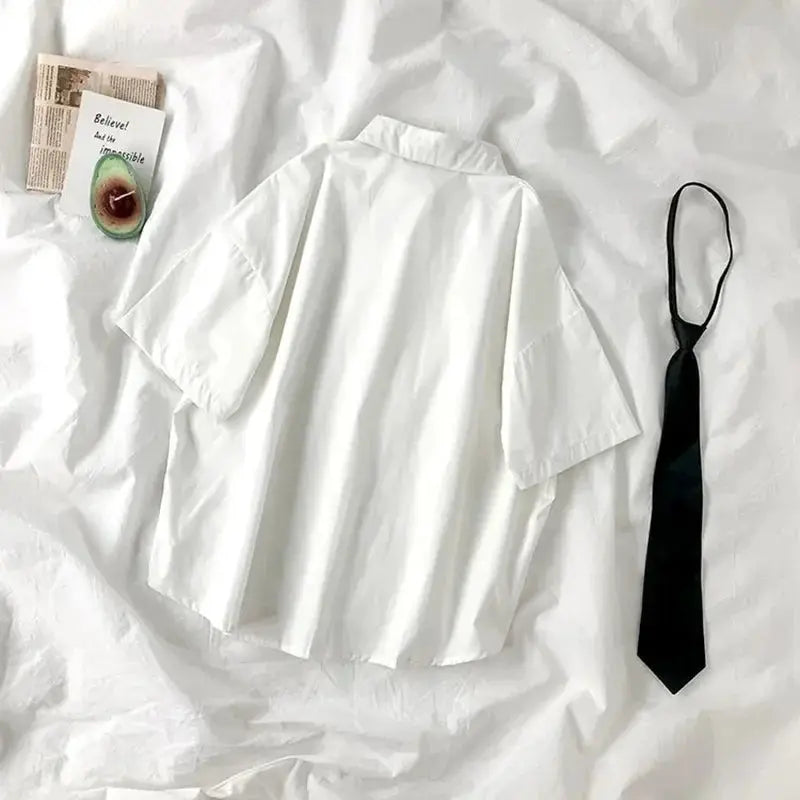White short-sleeve blouse with lapel and tie, women’s casual student top by Simples Market