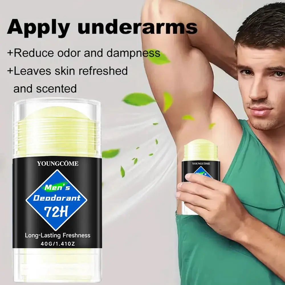 Men's deodorant stick by Youngcome, 72H, black label with blue diamond; two sticks shown