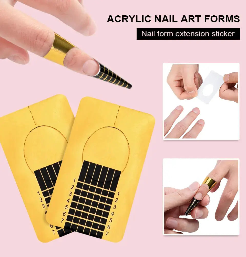 Acrylic nail art forms kit by Simples Market with two yellow nail form sheets and a precision pen