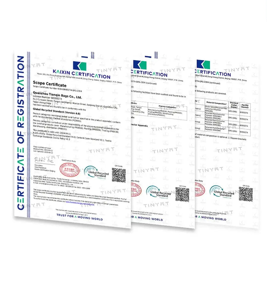 Three white certification documents labeled Certification of Registration with blue logos and QR codes.