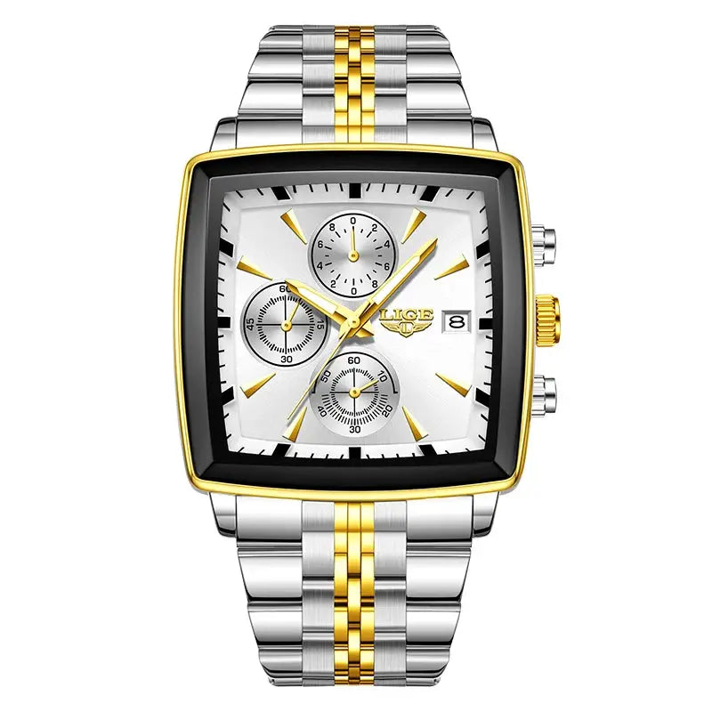 LIGE men's luxury stainless steel square-dial chronograph watch with gold accents and two-tone bracelet, date window
