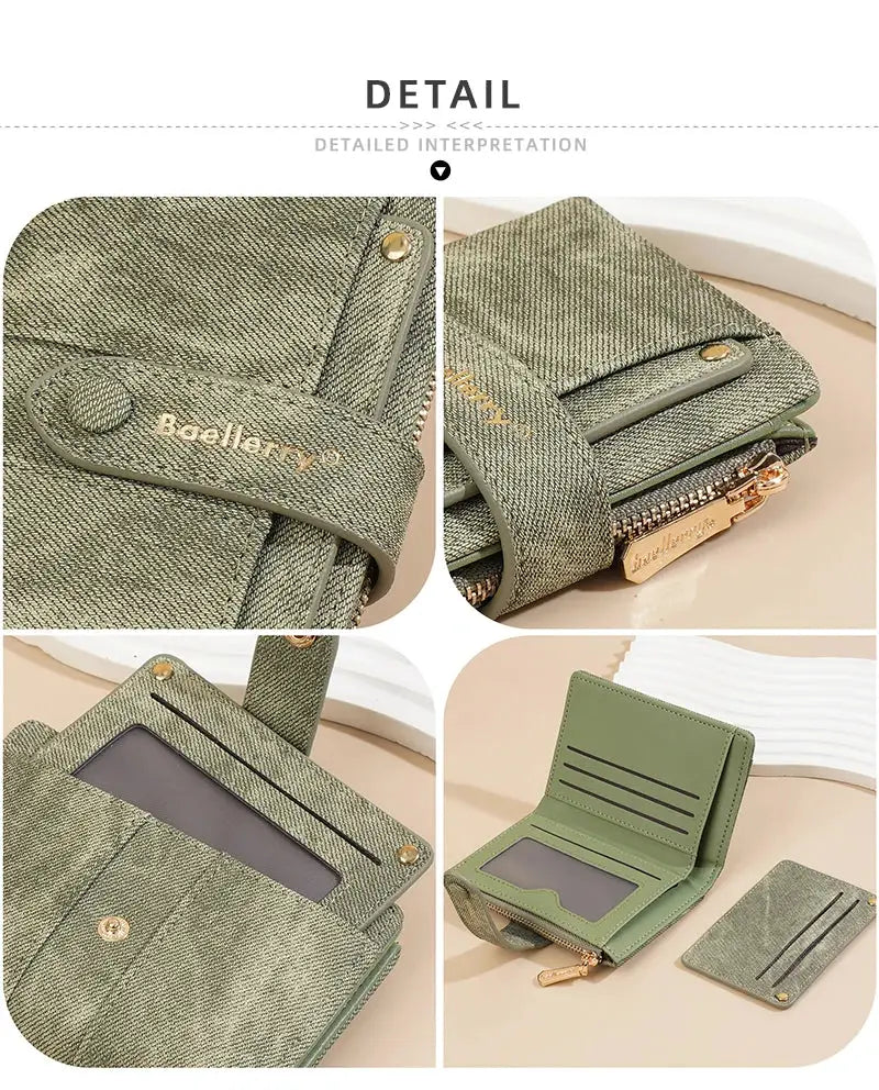 Baellerry green textured women's short wallet with zipper coin pocket and detachable card clip