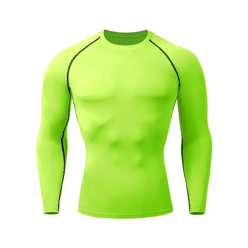 Men's neon green compression rashguard long-sleeve shirt for gym and surfing, quick-dry athletic top