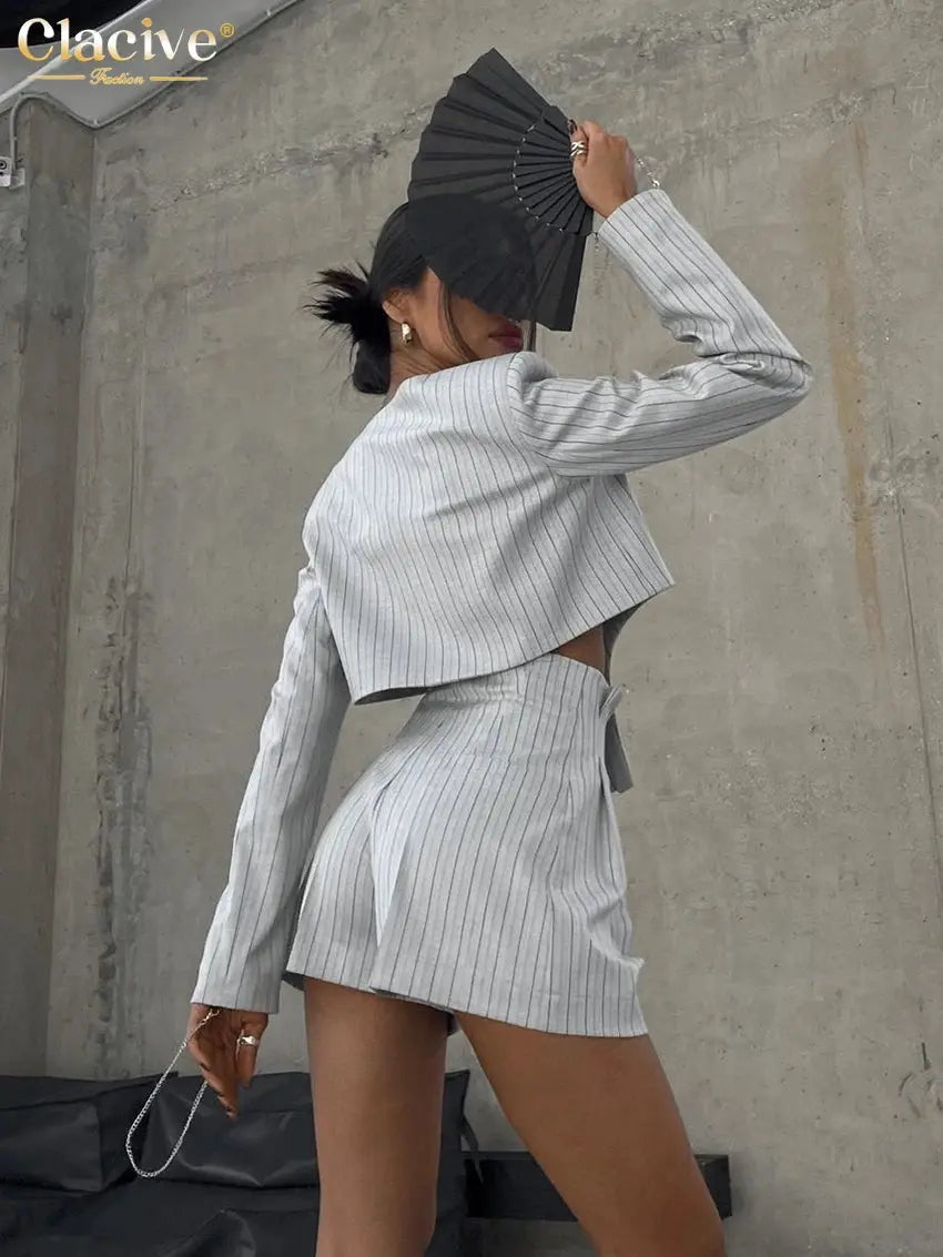 Clacive Stripe Print Slim Two Piece Set Women Top High Waist Shorts