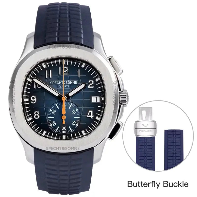 Specht & Söhne New Classic 5167 watch with blue dial and orange hands; 2-piece set includes blue rubber strap and butterfly buckle