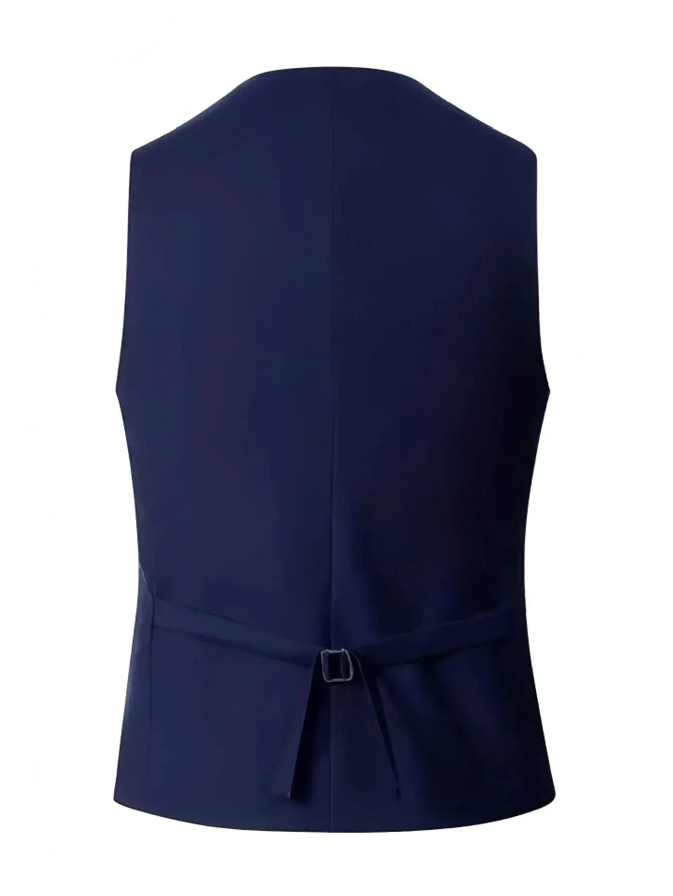 Navy blue men's suit waistcoat back view with waist belt tie for formal wedding attire
