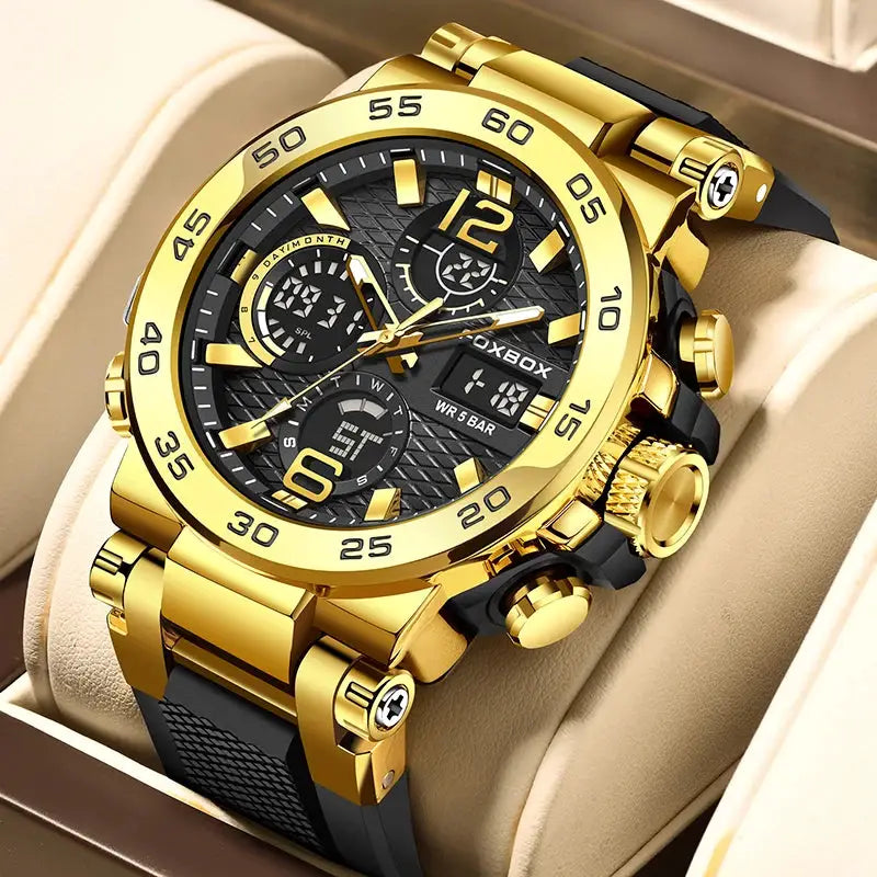 FOXBOX Sport men's digital watch, gold-tone case, black textured dial, chronograph, waterproof