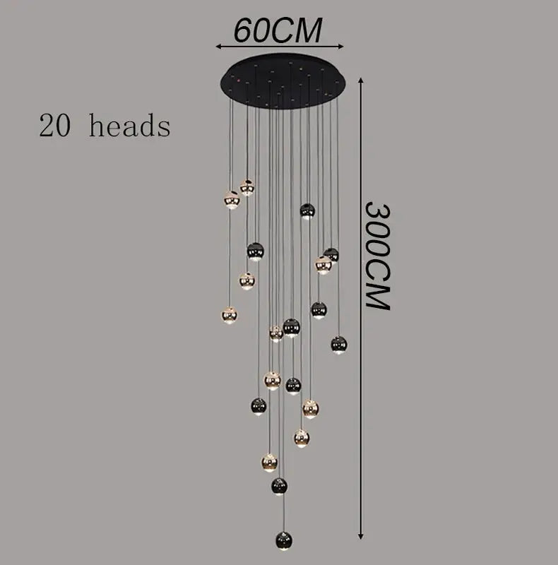 Modern multi-sphere LED pendant light with 20 hanging globes in gold and black, 60 cm ceiling plate