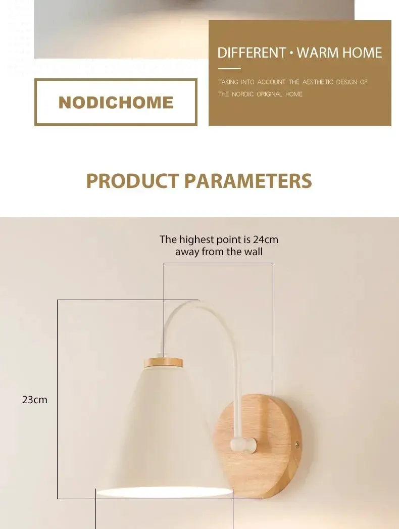 Simples Market Nordic wall sconce light with wooden round backplate and white conical shade