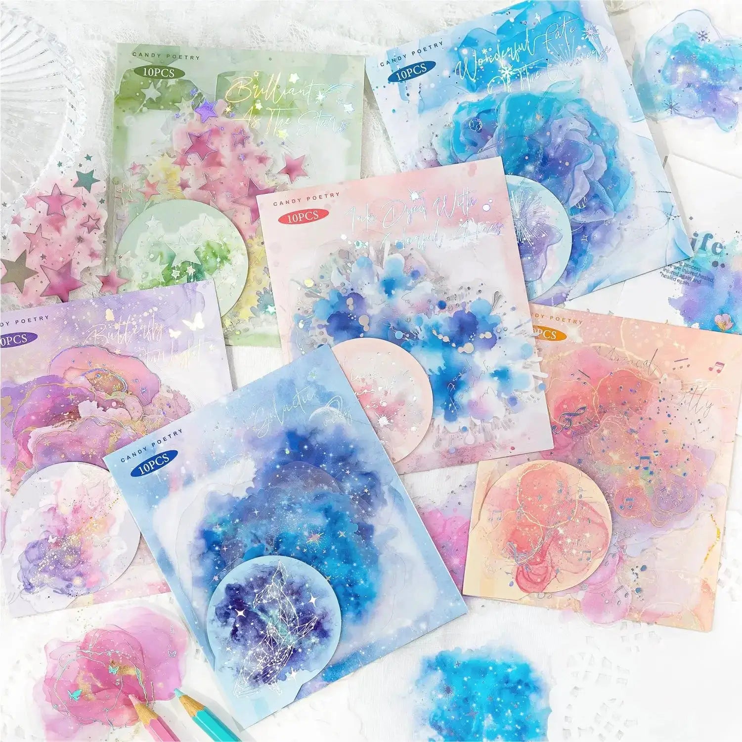 10 Pcs Colorful Series Decorative Stickers With Watercolor Foil Stamping For Scrapbooking Journaling Planners Diy