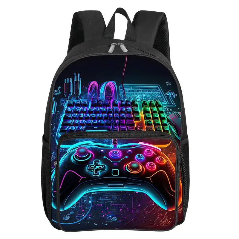 GamePad pattern square front-pocket backpack in black with neon gaming controller and keyboard graphic