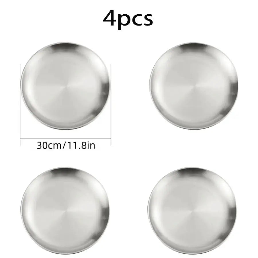 4 Piece Stainless Steel Plates Korean Style Grilled Meat Circular Trays Household Dinnerware Set