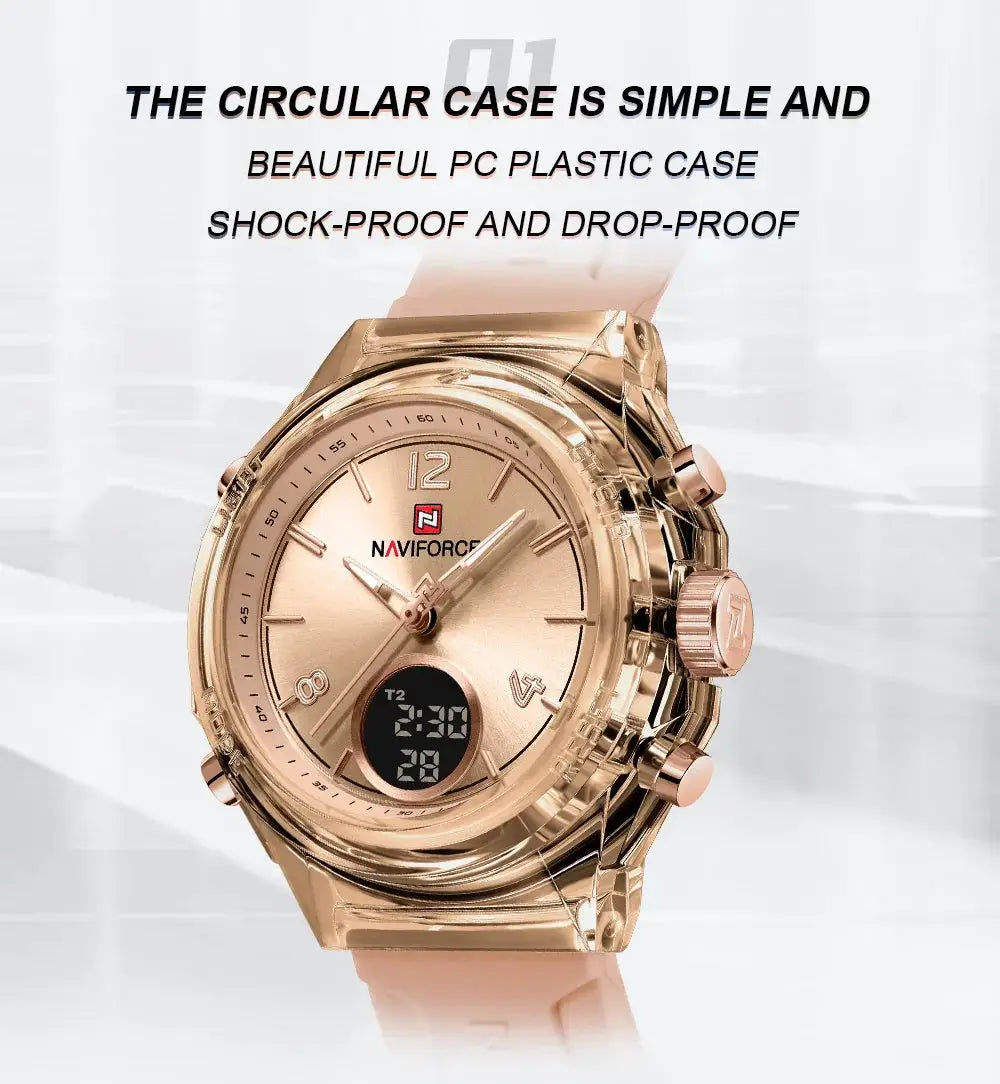 Naviforce women's rose-gold watch with pink rubber strap and dual time display