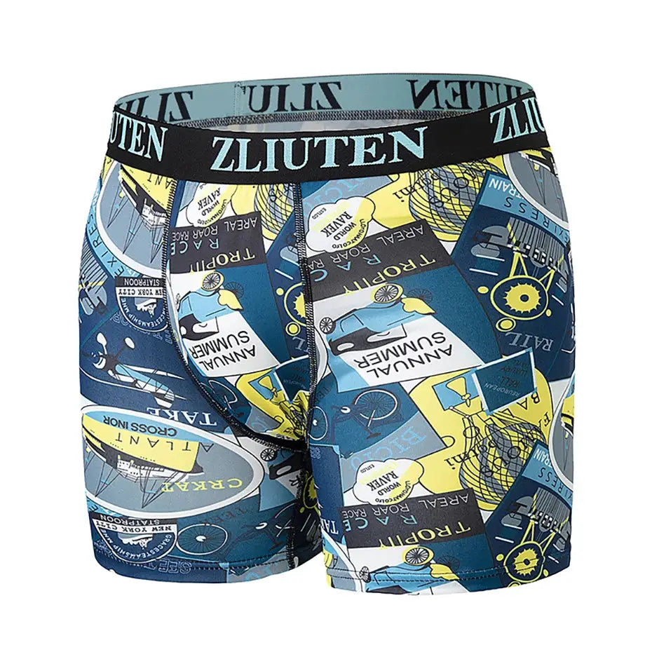Men's long boxer briefs with blue/yellow joker-card print, elastic waistband branded ZLIUTEN — Simples Market