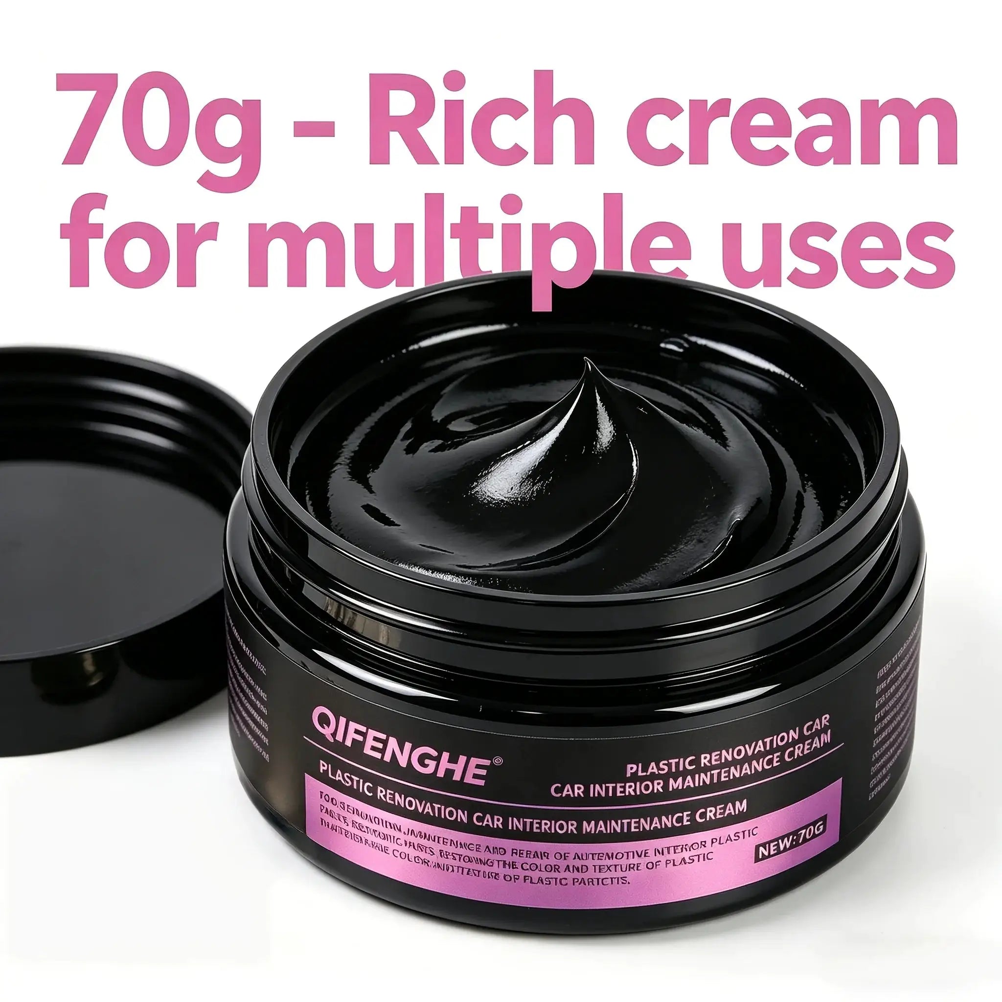 Plastic renovation cream by QIFENGHE; 2 black jars with glossy finish for car interior maintenance.
