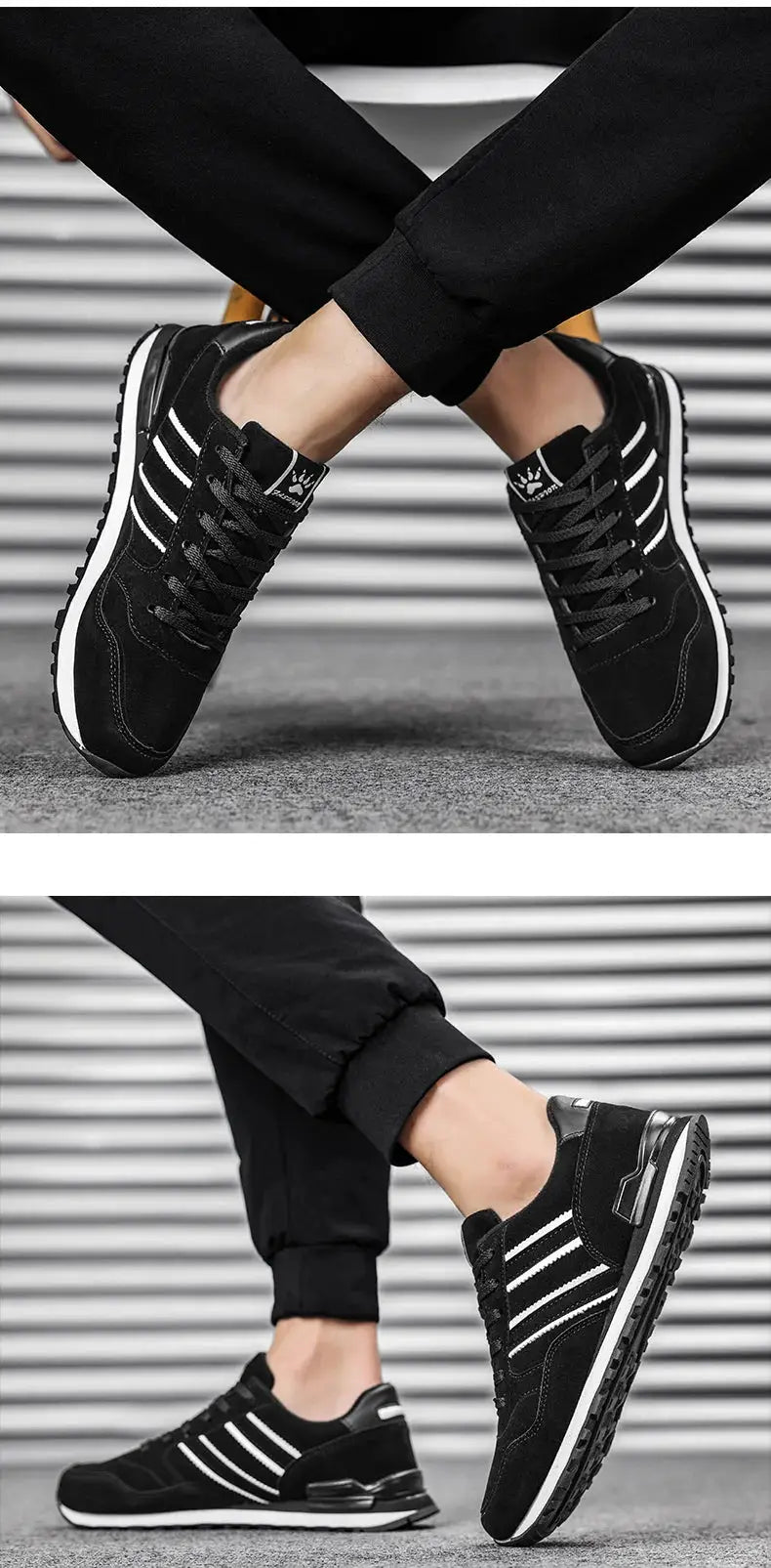 Simples Market men's casual sneakers, artificial leather, black with white stripes, lace-up