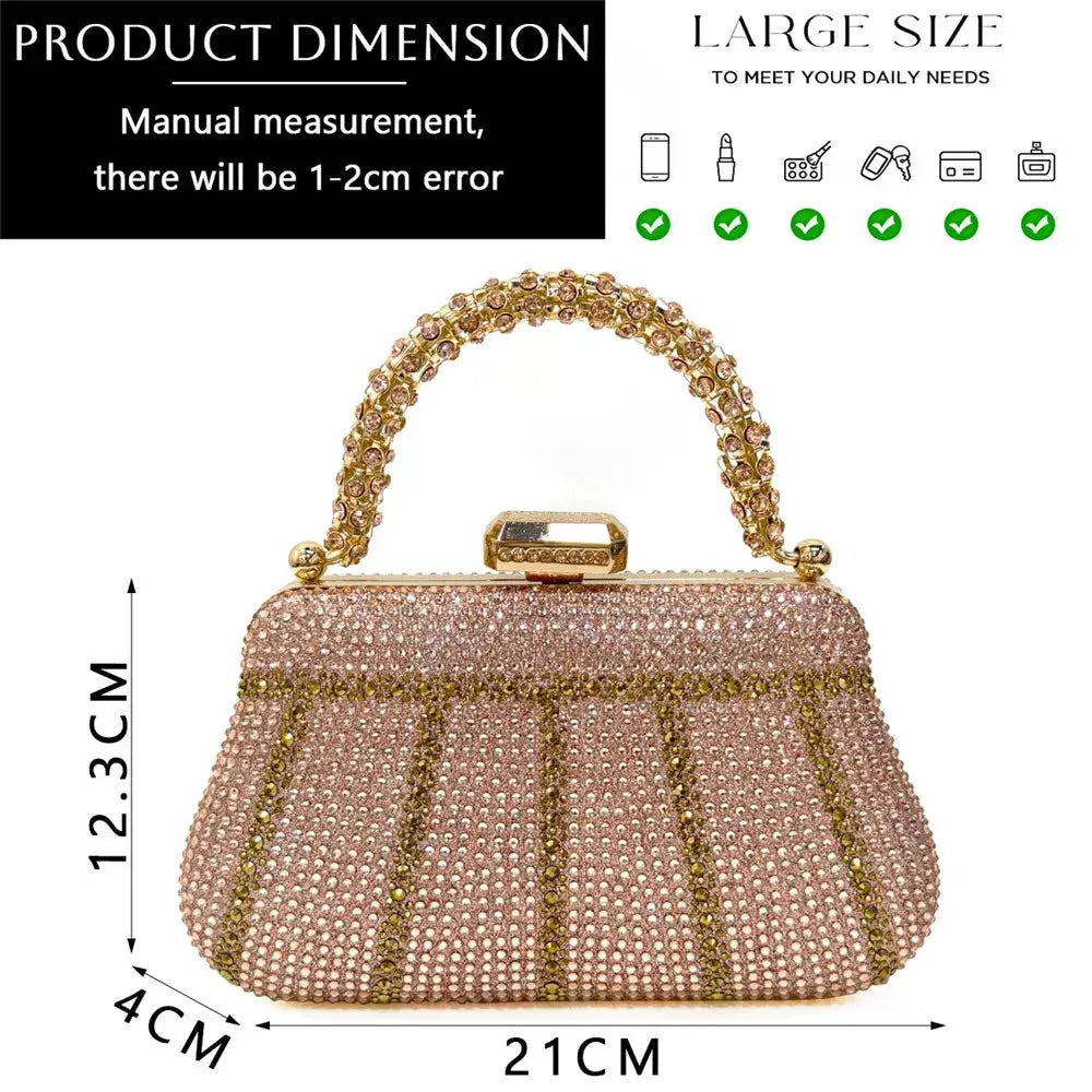 Evening rhinestone clutch bag with pink-gold beaded body and jeweled handle, 21x12.3x4 cm