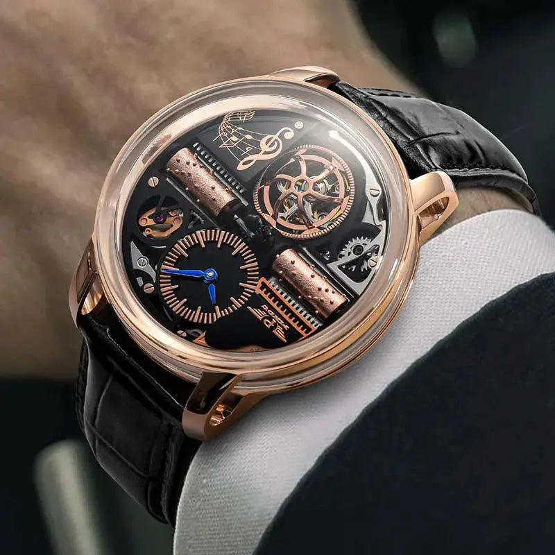 Simples Market 2025 PINDU skeleton watch, rose-gold stainless steel case, black leather strap, sapphire glass