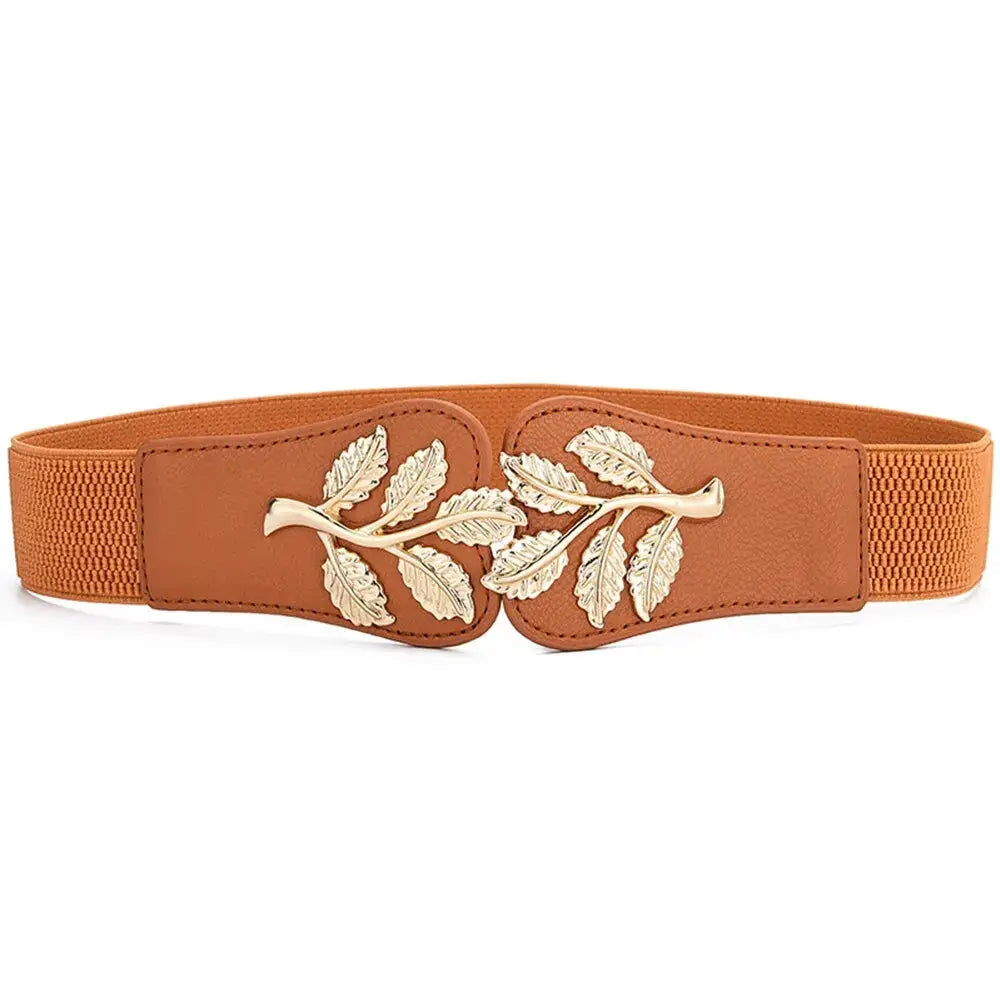 Aurora Women's Elastic Waist Belt With Gold Leaf Closure And Double Hook Buckle With Elegant Secure Fit
