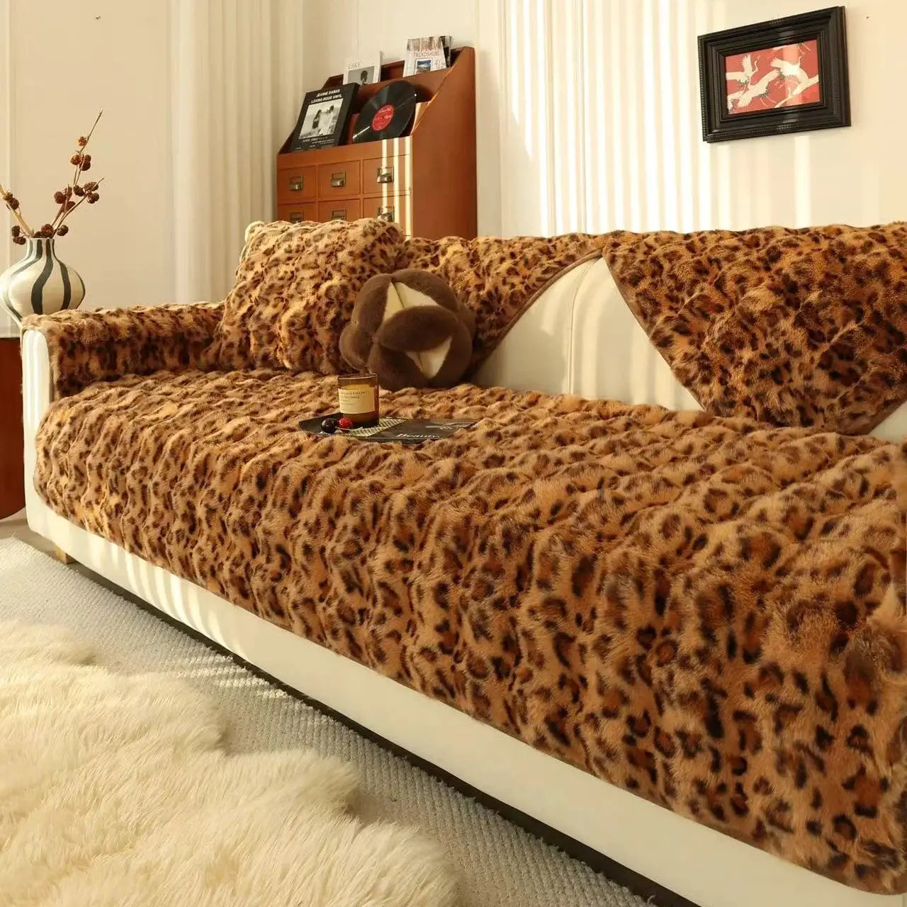 Leopard faux fur sofa slipcover by Simples Market; thick plush, non-slip couch cover for living room