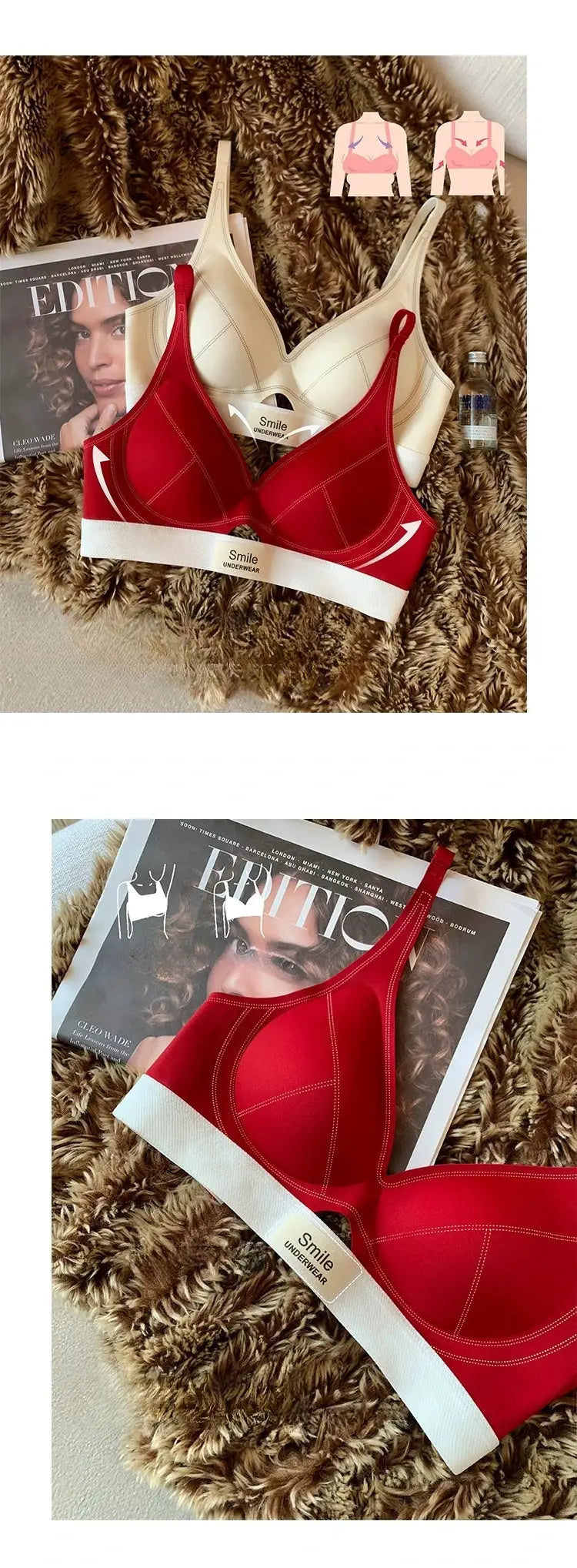 Two seamless bras in red and cream with white band, Smile Underwear, for daily wear