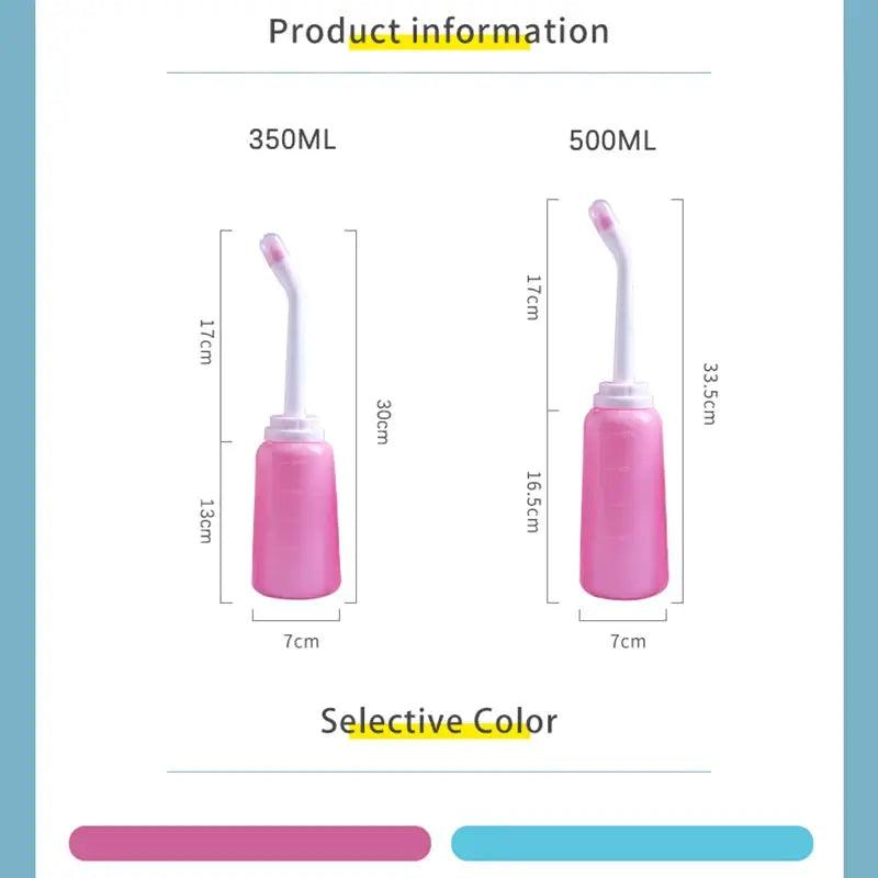 Portable pink bidet spray bottle, handheld travel model in 350ml and 500ml sizes